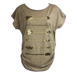 SJS Womens Size Medium Beige Gold Metallic Arrows Graphics Top Ruched Sides